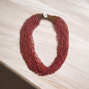 Vintage Multi Strand Bead necklace Crochet Handmade 19" Red Brown Button Closure